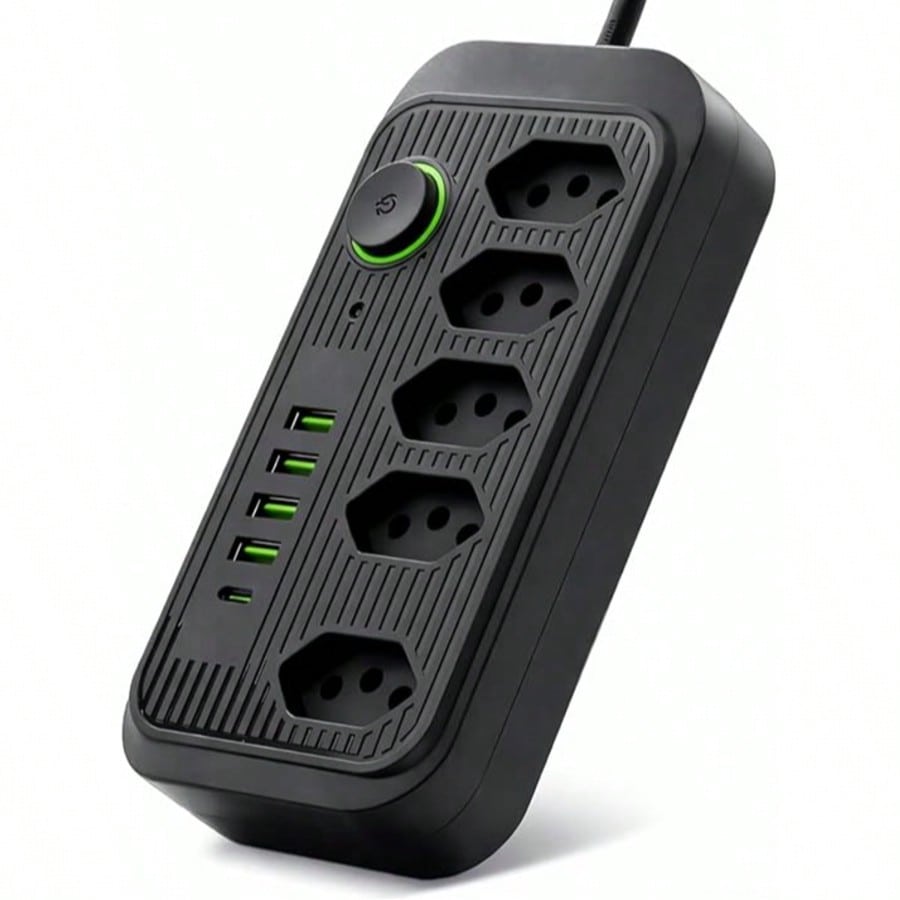 Filtro de Linha 5 Tomadas + 4 USB + 1 USB-C • Bivolt 110V/220V • 2500W • Cabo 2m • Interruptor