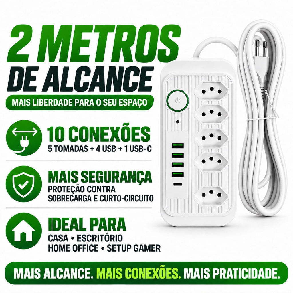 Filtro de Linha 5 Tomadas + 4 USB + 1 USB-C • Bivolt 110V/220V • 2500W • Cabo 2m • Interruptor