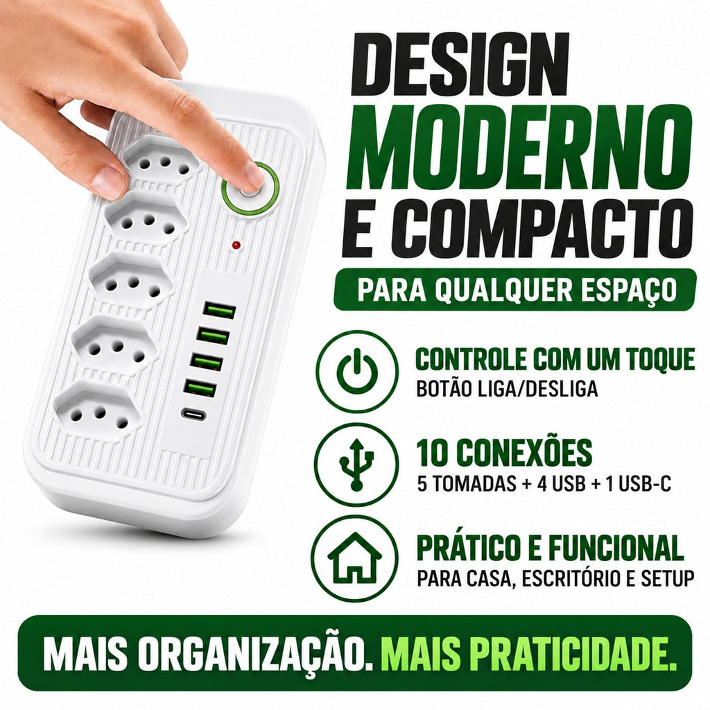 Filtro de Linha 5 Tomadas + 4 USB + 1 USB-C • Bivolt 110V/220V • 2500W • Cabo 2m • Interruptor