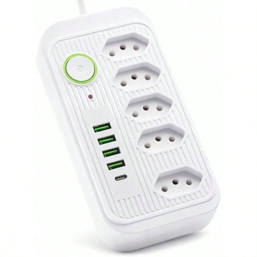 Filtro de Linha 5 Tomadas + 4 USB + 1 USB-C • Bivolt 110V/220V • 2500W • Cabo 2m • Interruptor