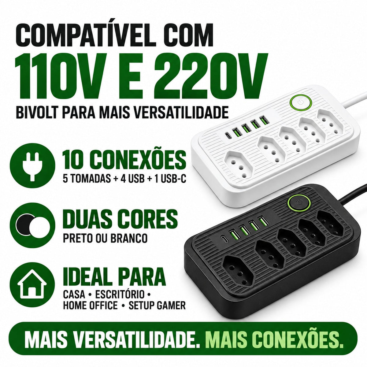 Filtro de Linha 5 Tomadas + 4 USB + 1 USB-C • Bivolt 110V/220V • 2500W • Cabo 2m • Interruptor
