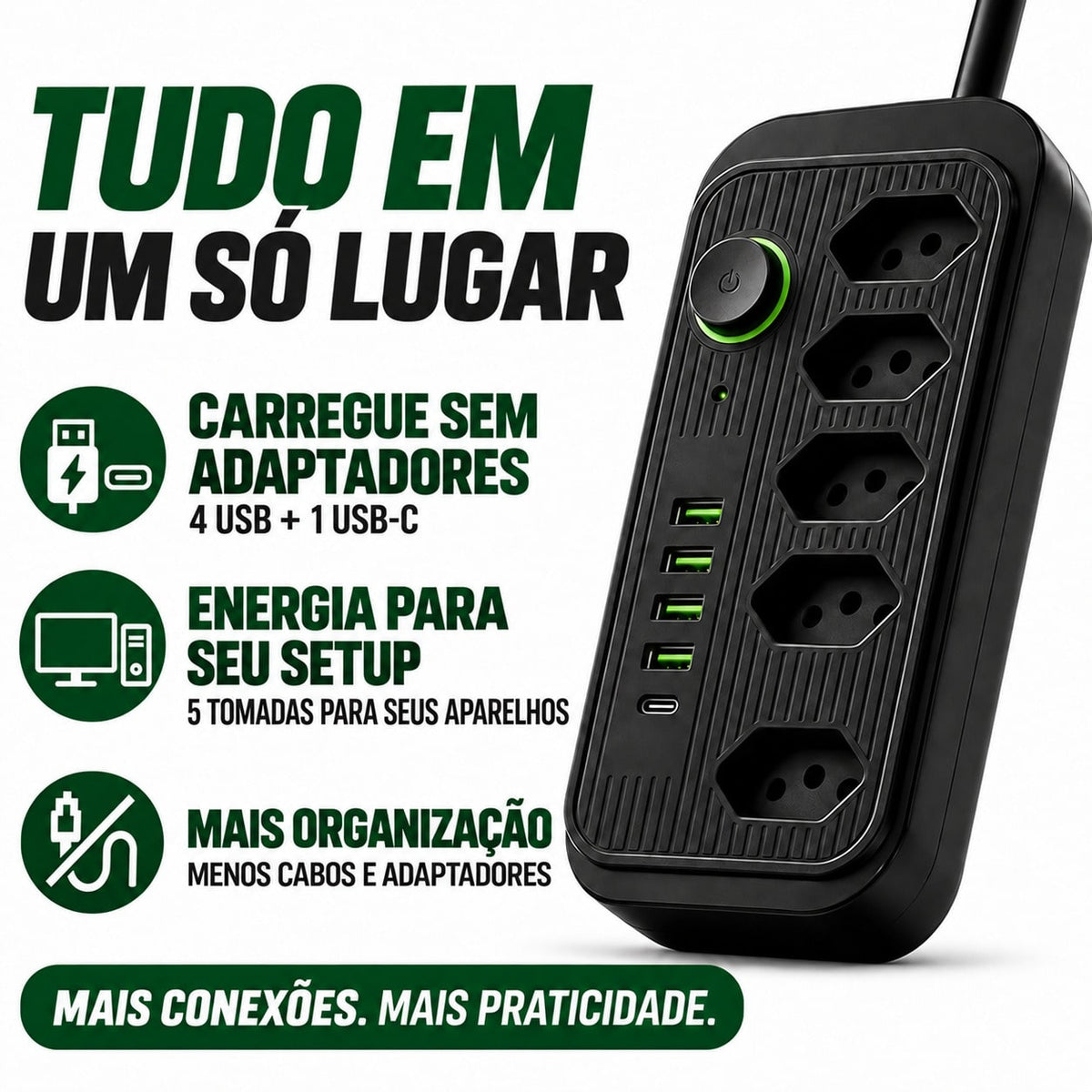 Filtro de Linha 5 Tomadas + 4 USB + 1 USB-C • Bivolt 110V/220V • 2500W • Cabo 2m • Interruptor