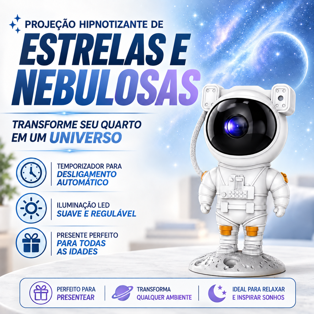 Projetor Astronauta Galáxia LED • Controle Remoto • Timer • Luz Noturna