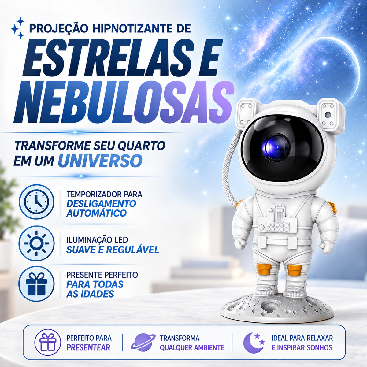Projetor Astronauta Galáxia LED • Controle Remoto • Timer • Luz Noturna