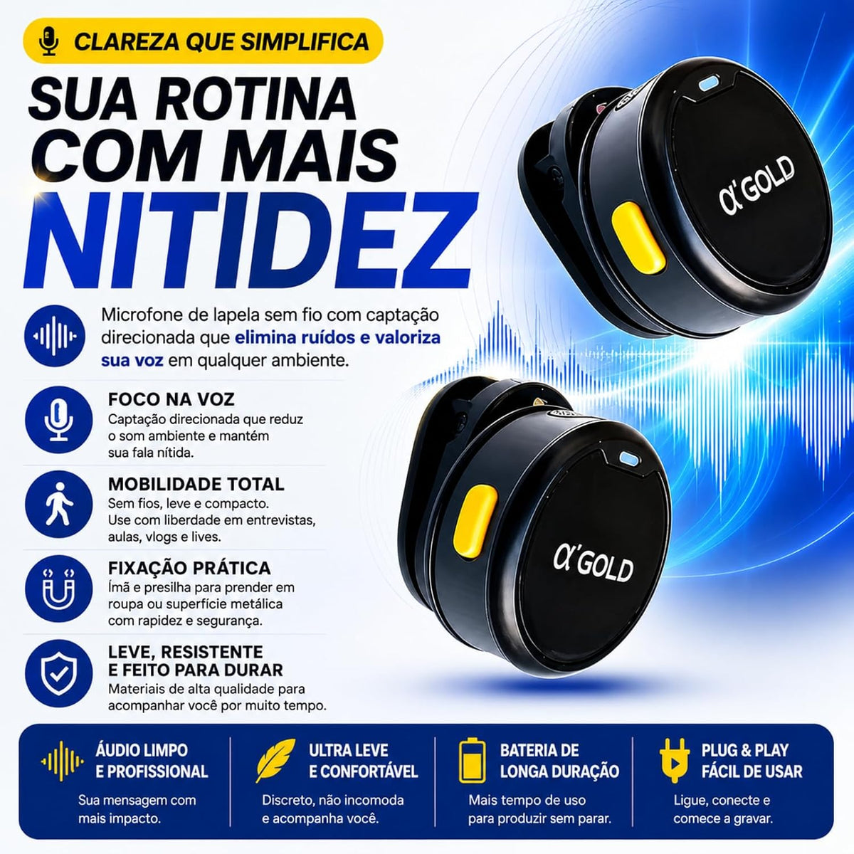 Microfone de Lapela Sem Fio Duplo a'GOLD • USB-C e Lightning • Redução de Ruído