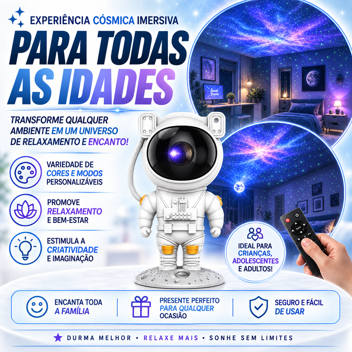 Projetor Astronauta Galáxia LED • Controle Remoto • Timer • Luz Noturna