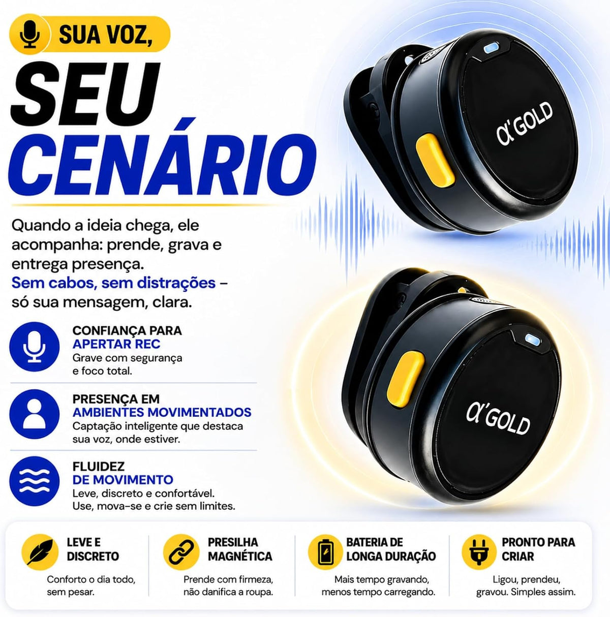 Microfone de Lapela Sem Fio Duplo a'GOLD • USB-C e Lightning • Redução de Ruído