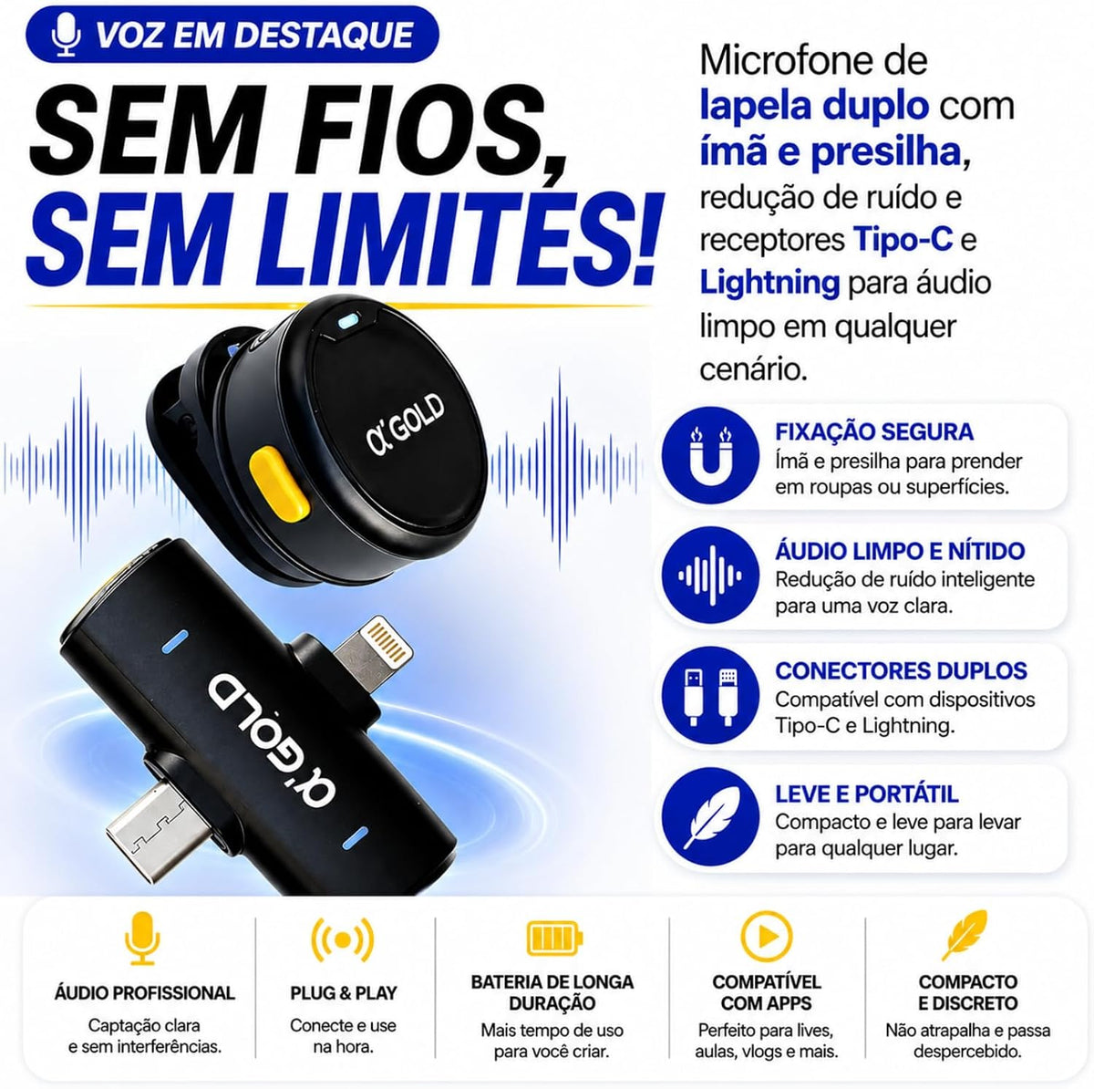 Microfone de Lapela Sem Fio Duplo a'GOLD • USB-C e Lightning • Redução de Ruído