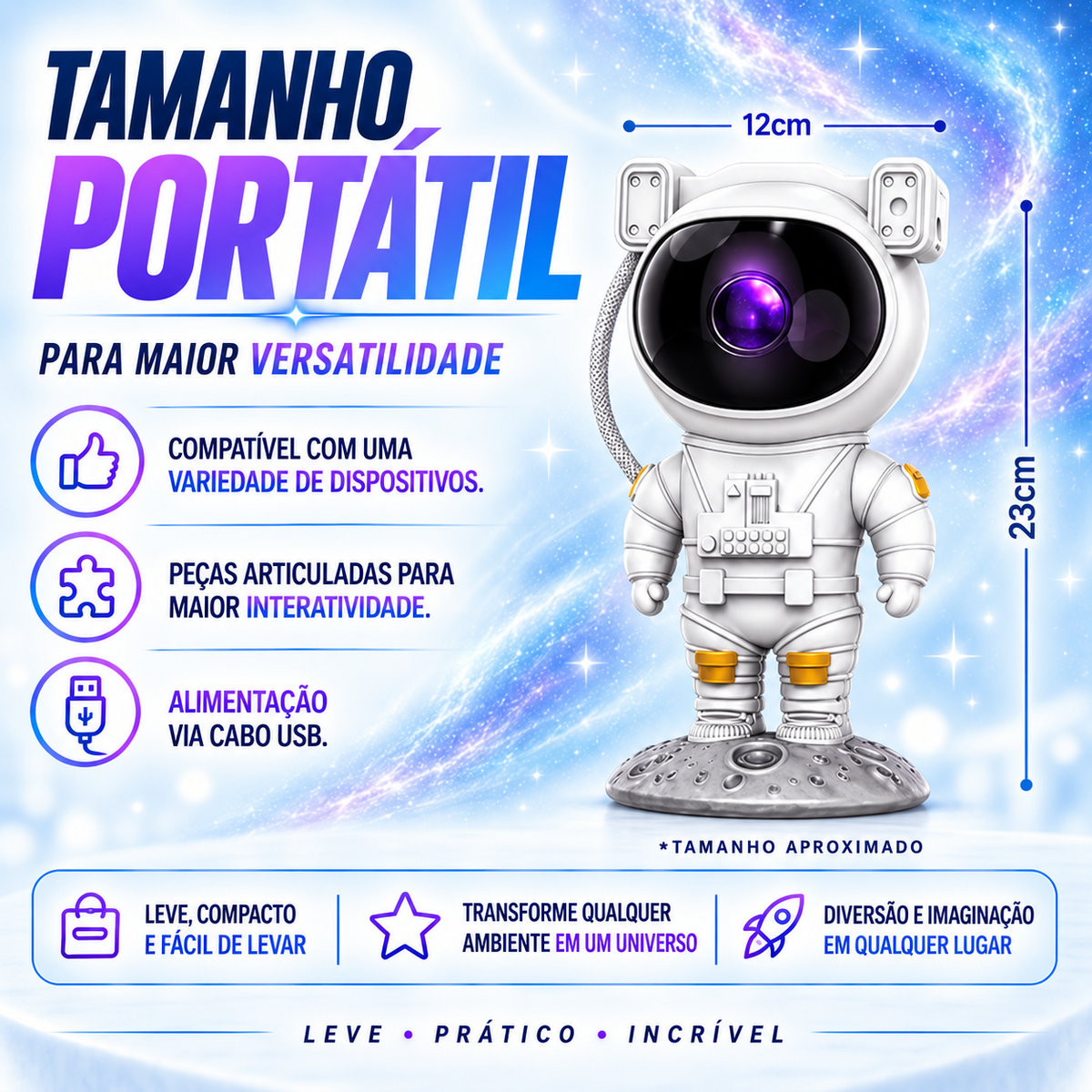 Projetor Astronauta Galáxia LED • Controle Remoto • Timer • Luz Noturna