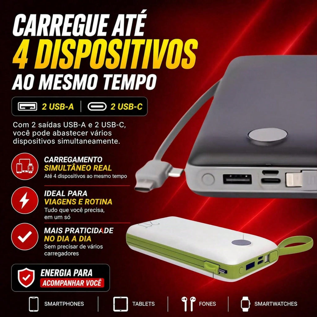 Power Bank Peining 20.000mAh com Cabos Integrados • Carga rápida • USB-C • Lightning • Display digital