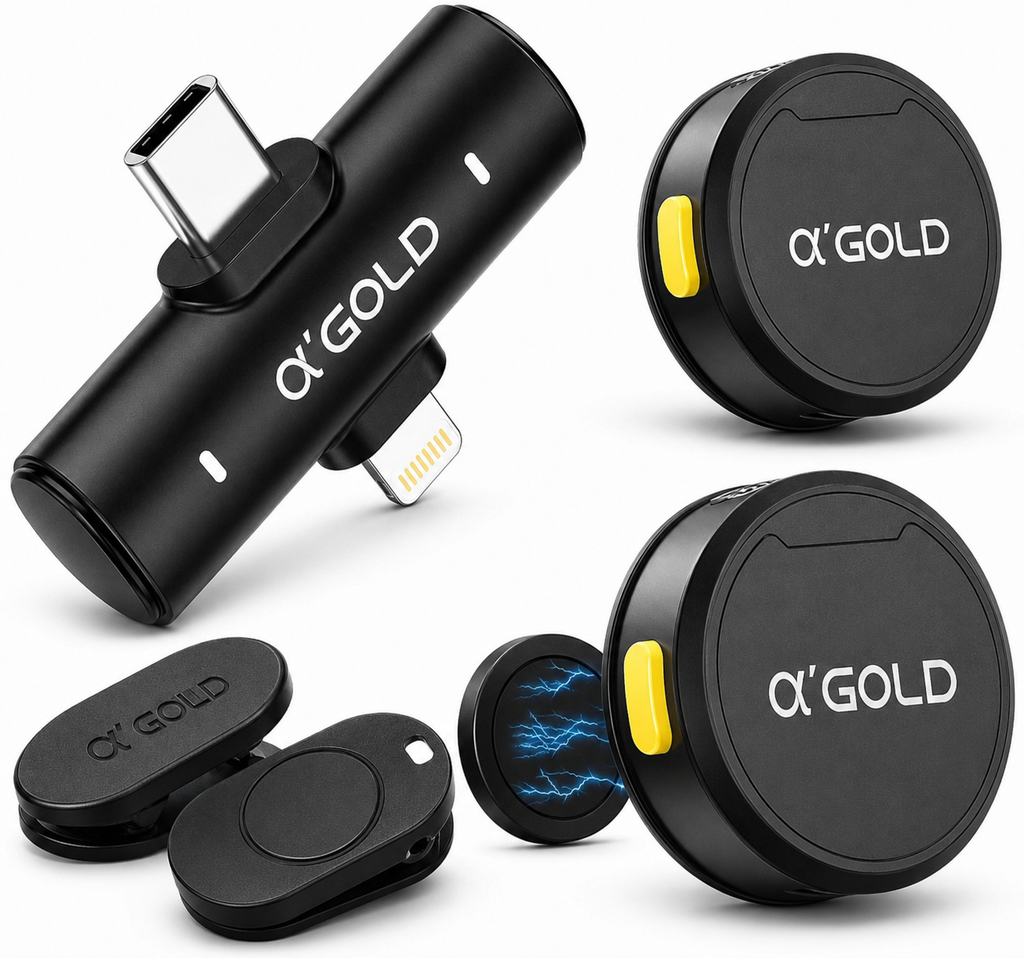 Microfone de Lapela Sem Fio Duplo a'GOLD • USB-C e Lightning • Redução de Ruído