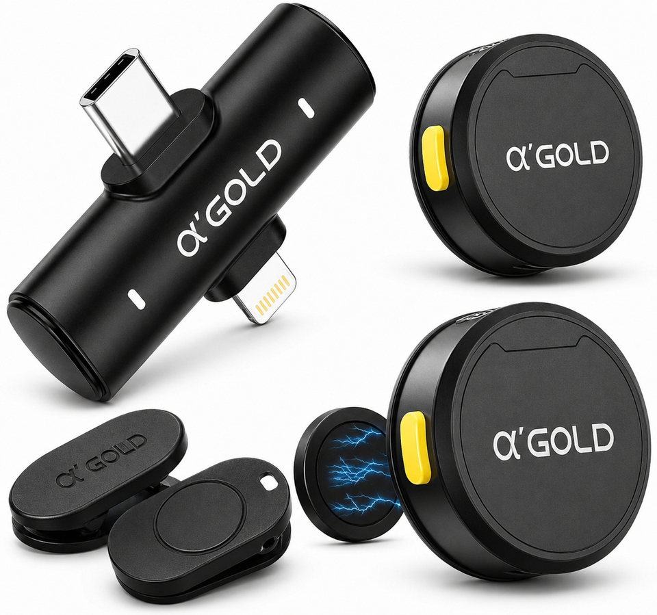 Microfone de Lapela Sem Fio Duplo a'GOLD • USB-C e Lightning • Redução de Ruído