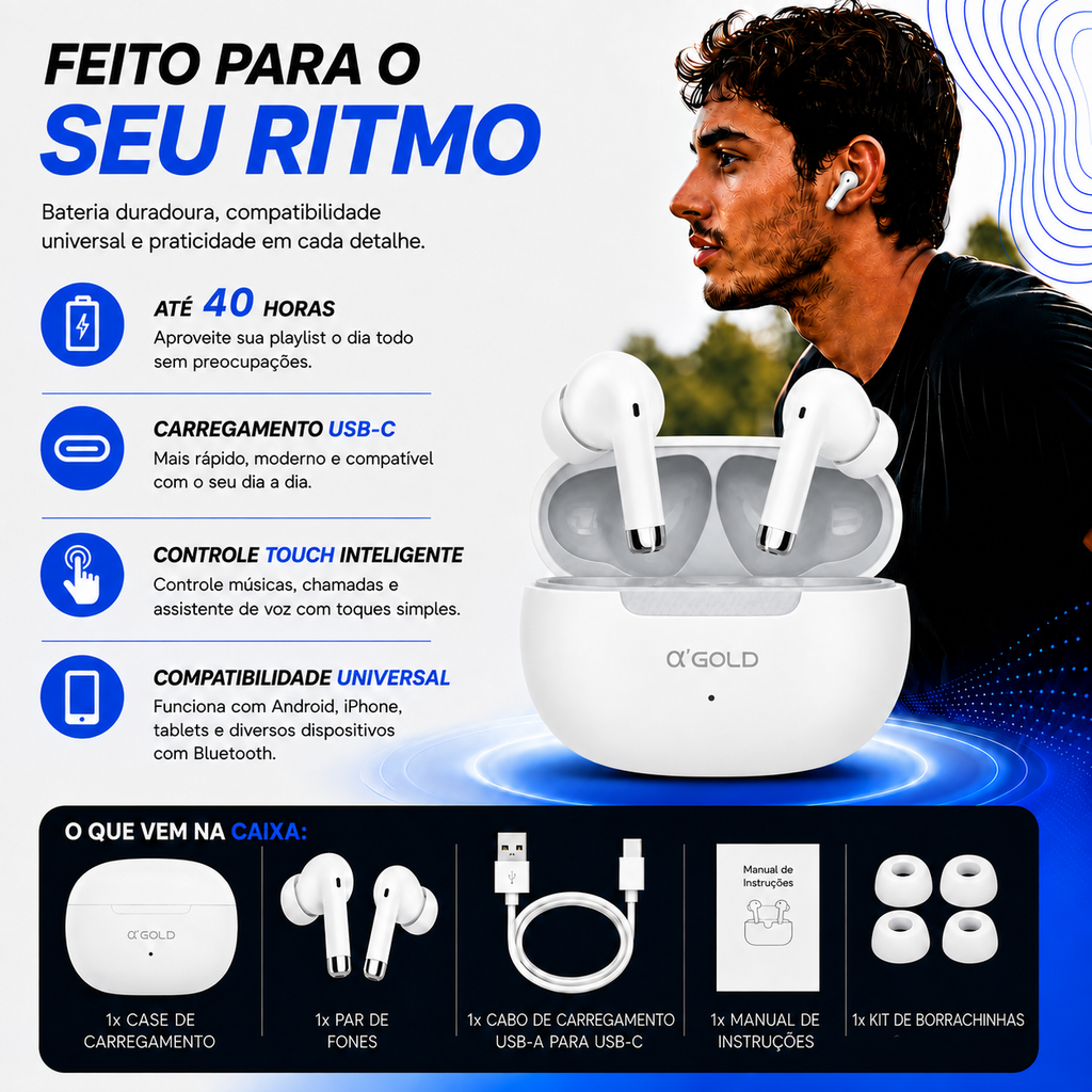 Fone de Ouvido Bluetooth 5.4 Sem Fio a'GOLD • Até 40h de Bateria • com Microfone • Controle por Toque