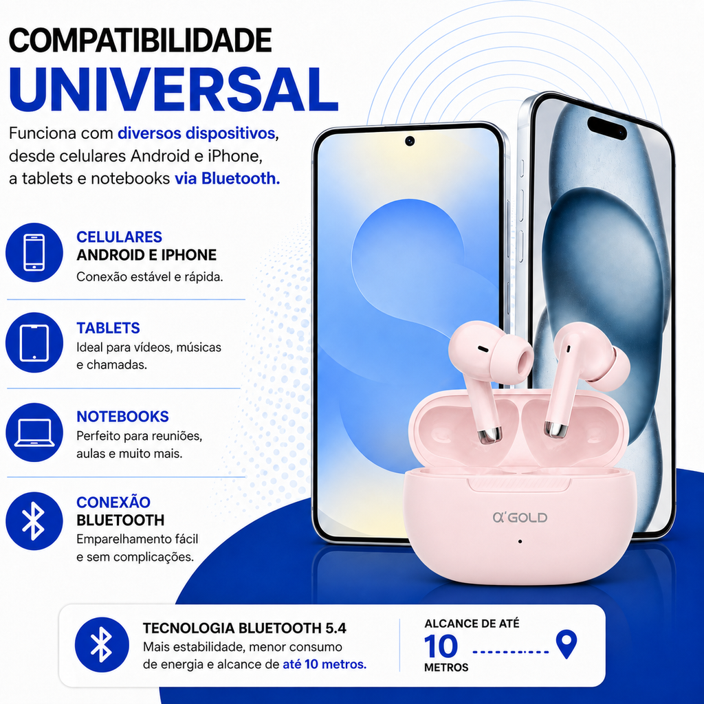 Fone de Ouvido Bluetooth 5.4 Sem Fio a'GOLD • Até 40h de Bateria • com Microfone • Controle por Toque