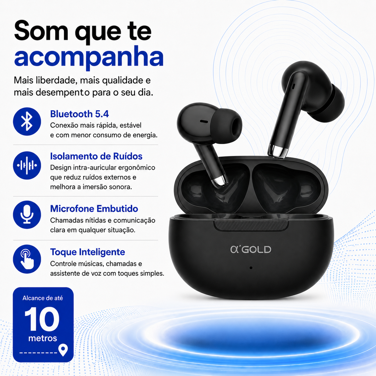 Fone de Ouvido Bluetooth 5.4 Sem Fio a'GOLD • Até 40h de Bateria • com Microfone • Controle por Toque