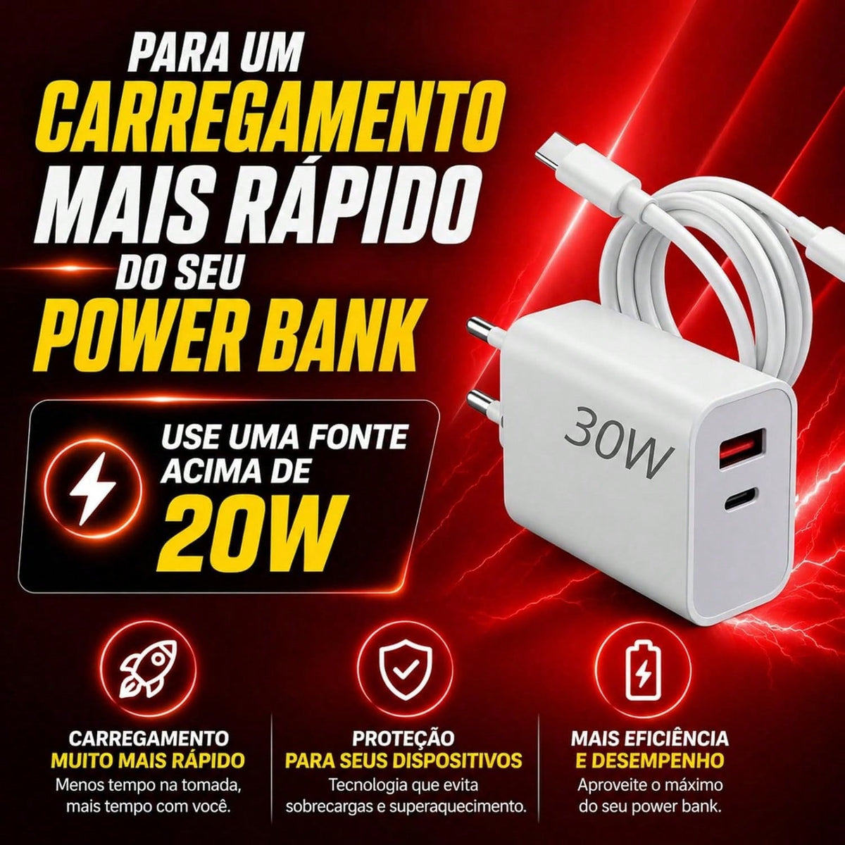Power Bank Peining 20.000mAh com Cabos Integrados • Carga rápida • USB-C • Lightning • Display digital