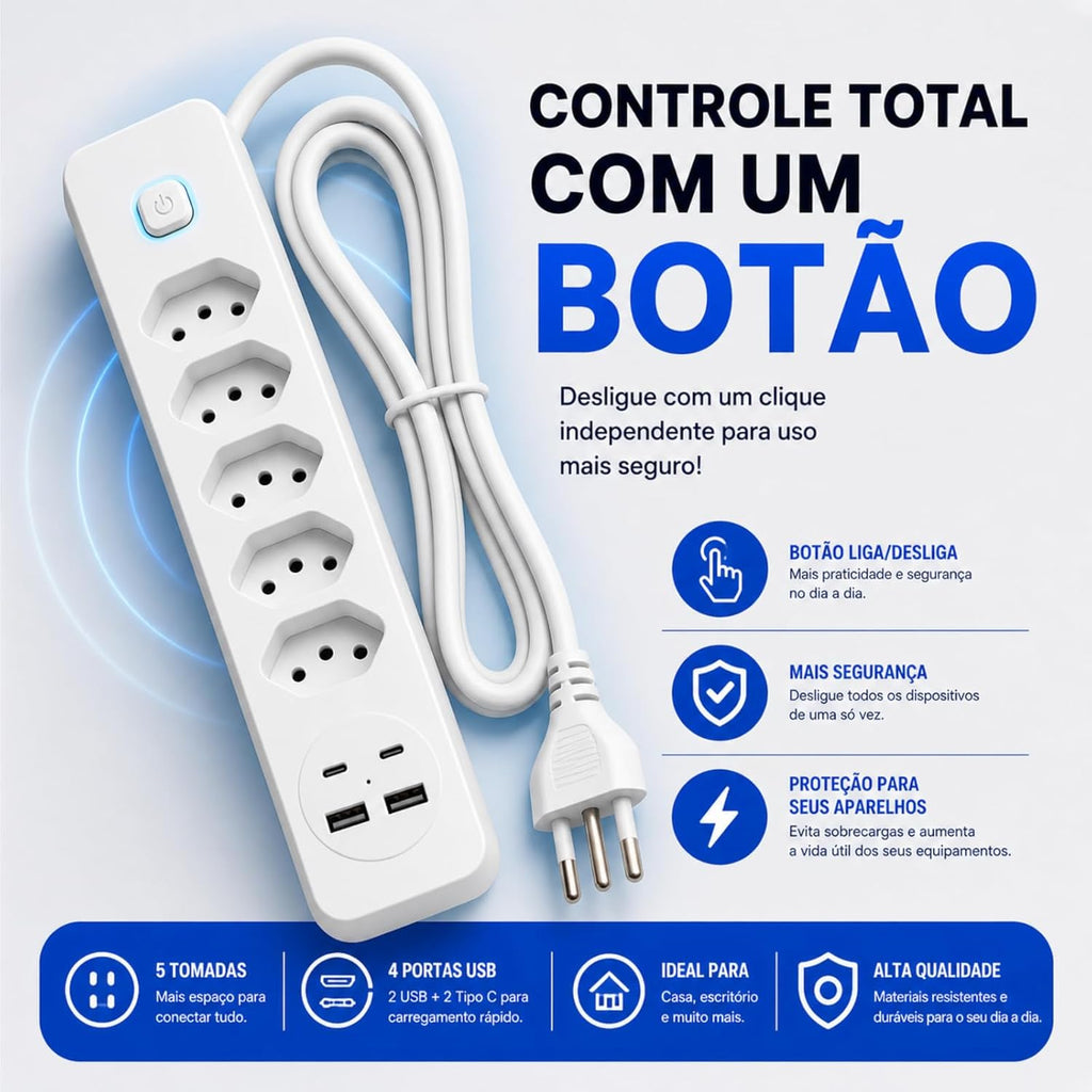 Filtro de Linha 5 Tomadas + 2 USB + 2 USB-C • Bivolt 110V/220V • 2500W • Cabo 2m • Interruptor