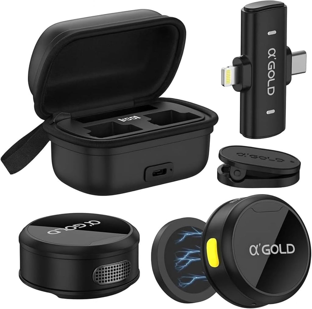 Microfone de Lapela Sem Fio Duplo a'GOLD • USB-C e Lightning • Redução de Ruído