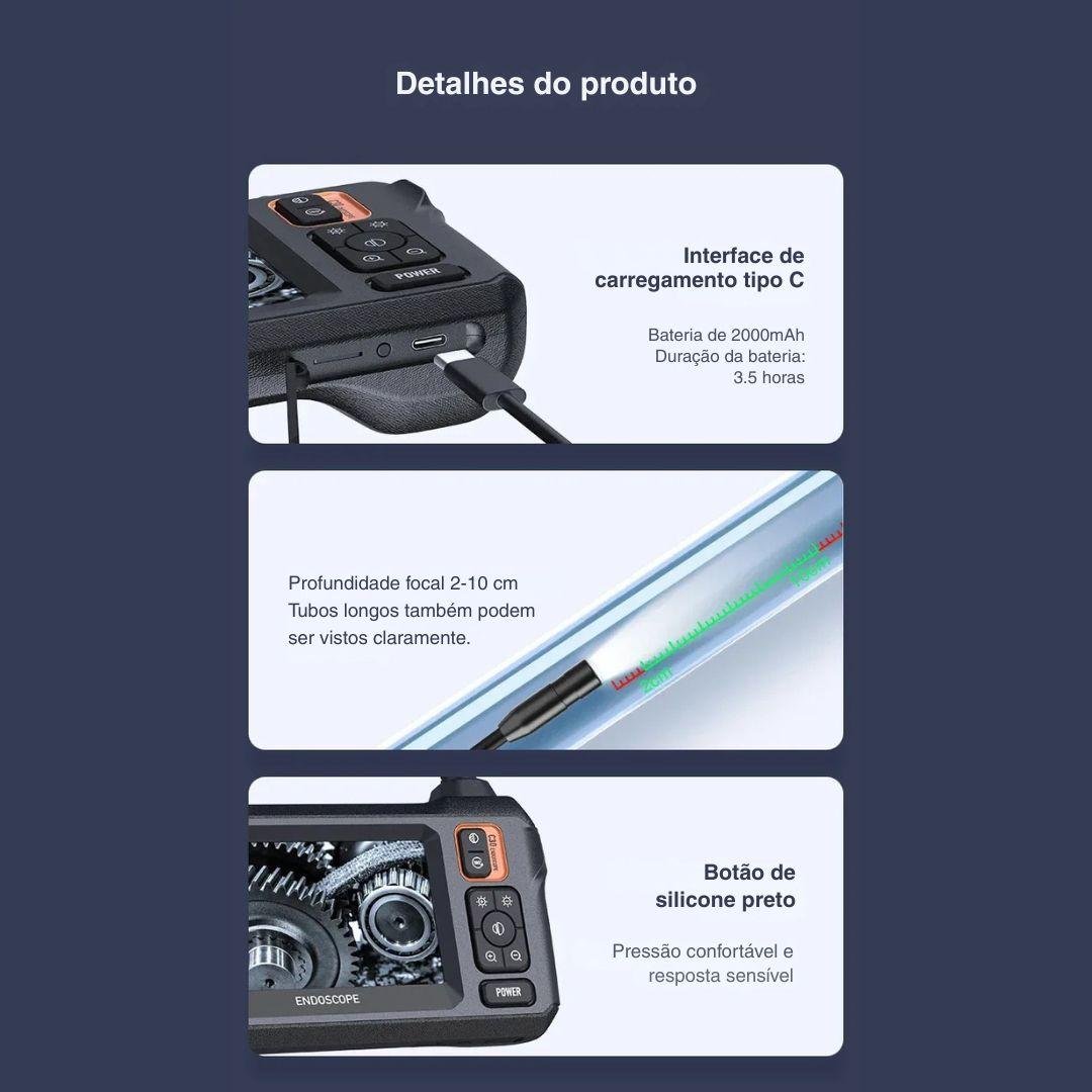 Câmera Endoscópica 8mm Full HD 1080P - Tela IPS 4,3" e IP67
