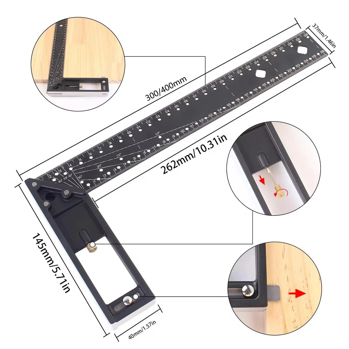 Esquadro de Precisão, Marcações em Multiângulos com Gabarito de Furação - AngleMaster
