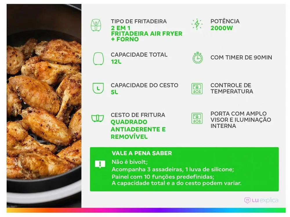 Fritadeira Elétrica sem Óleo/Air Fryer Mondial Forno Oven AFON-12L-BI Preta 12L - 110V