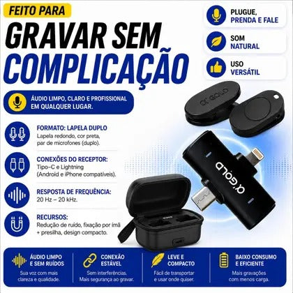 Microfone de Lapela Sem Fio Duplo a'GOLD • USB-C e Lightning • Redução de Ruído
