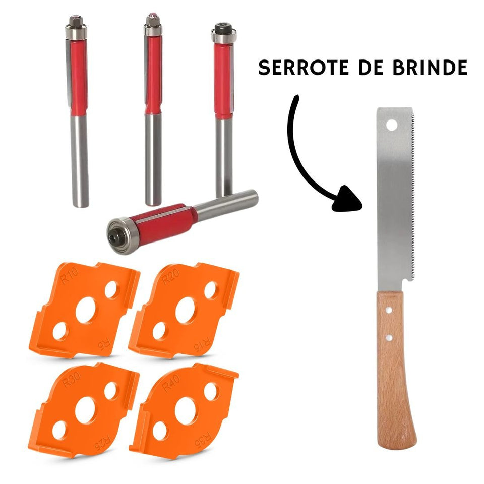 Kit de Gabaritos para Cantos Arredondados + 4 Fresas 6,35mm com Rolamento + Brinde Serrote Japonês - Rounder